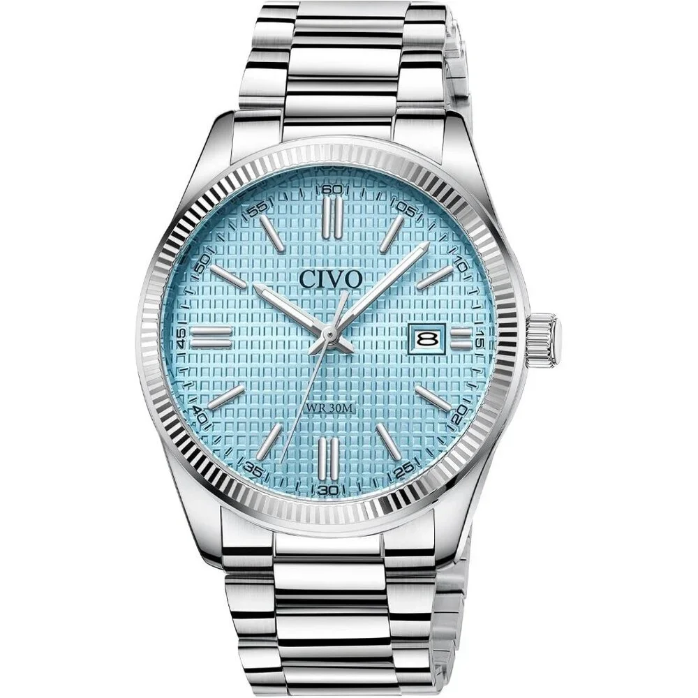 Men's Icy Aqua-Silver Stainless Steel Hook Buckle Analog Comfort Stylish Watch